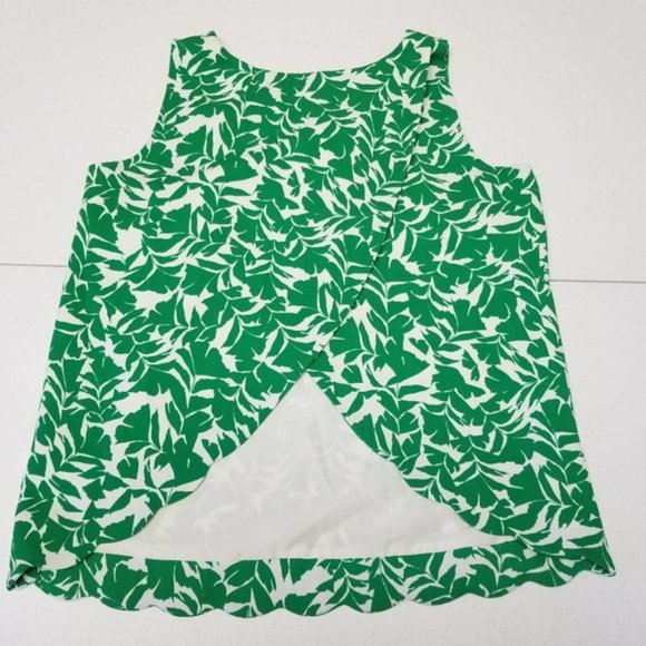 J. Crew Green  White Leaf Pattern Scallop Hem   Lined Drape Split Back Top XXS - Picture 6 of 9